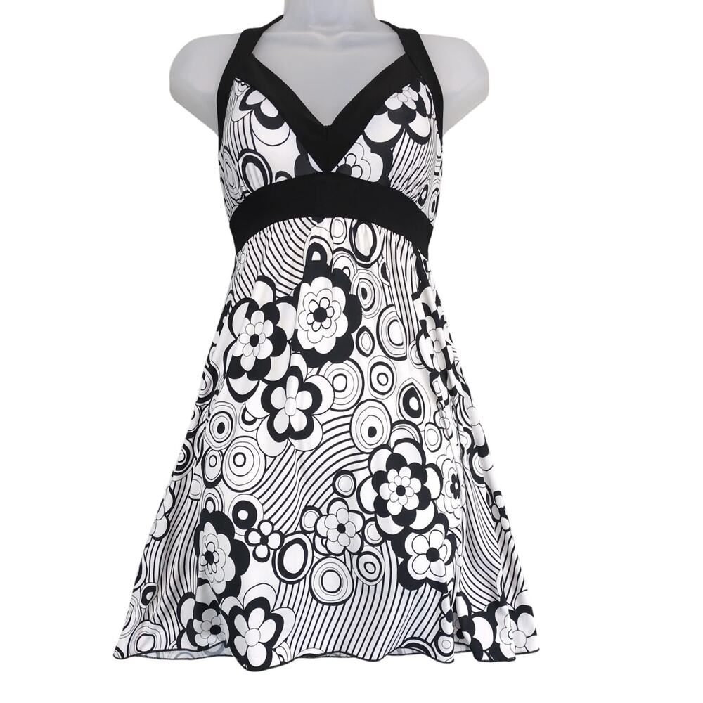 Vtg 90s Y2K Wet Seal Halterโ Top Babydoll Mini Dress S Black White Floral Swirl